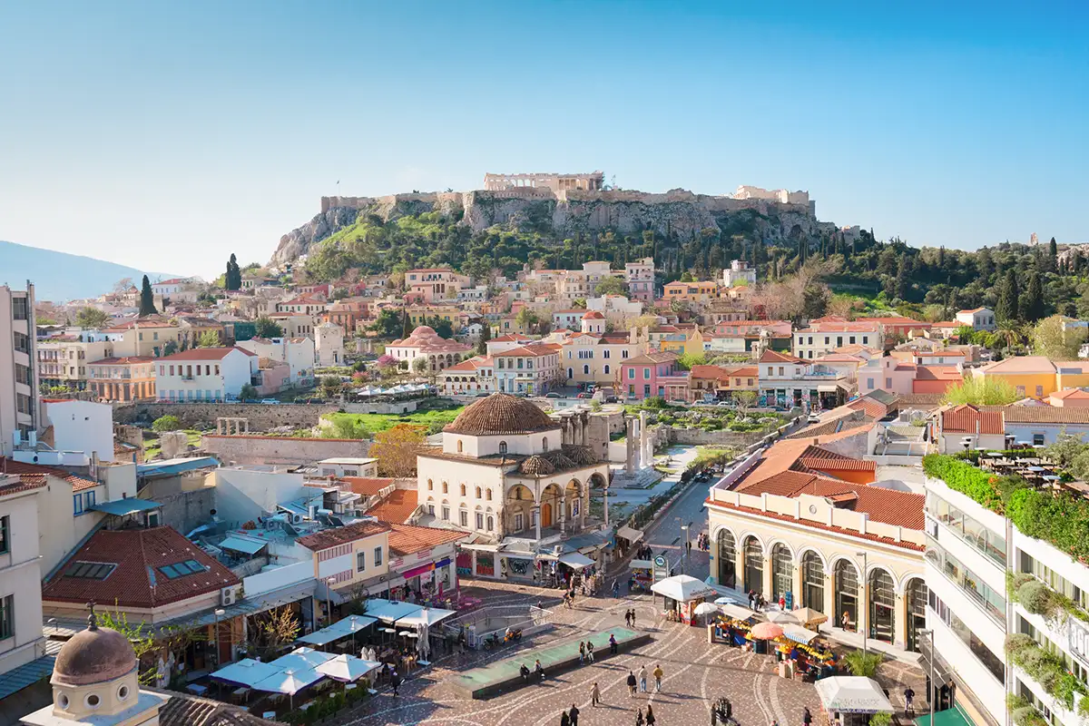 Skyline of Athens with Monastiraki square and Acropolis hill.