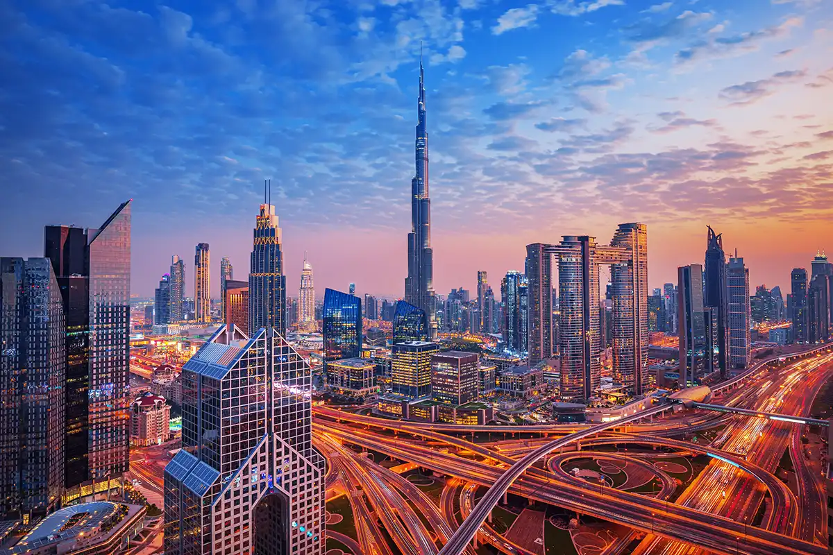 Dubai business area during golden hour. Self-Sponsored Visas
